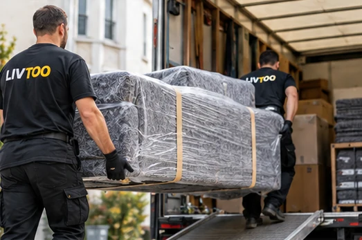 Déménageurs LIVTOO portant un meuble emballé vers le camion