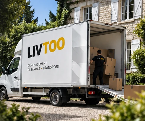 Camion LIVTOO chargé de cartons devant une maison en pierre