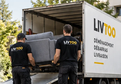 Deux déménageurs LIVTOO chargent un canapé dans le camion