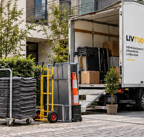 Camion LIVTOO ouvert avec diables, couvertures et cartons prêts au chargement