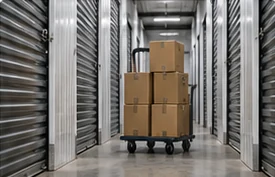 Couloir de box de stockage avec cartons sur un chariot
